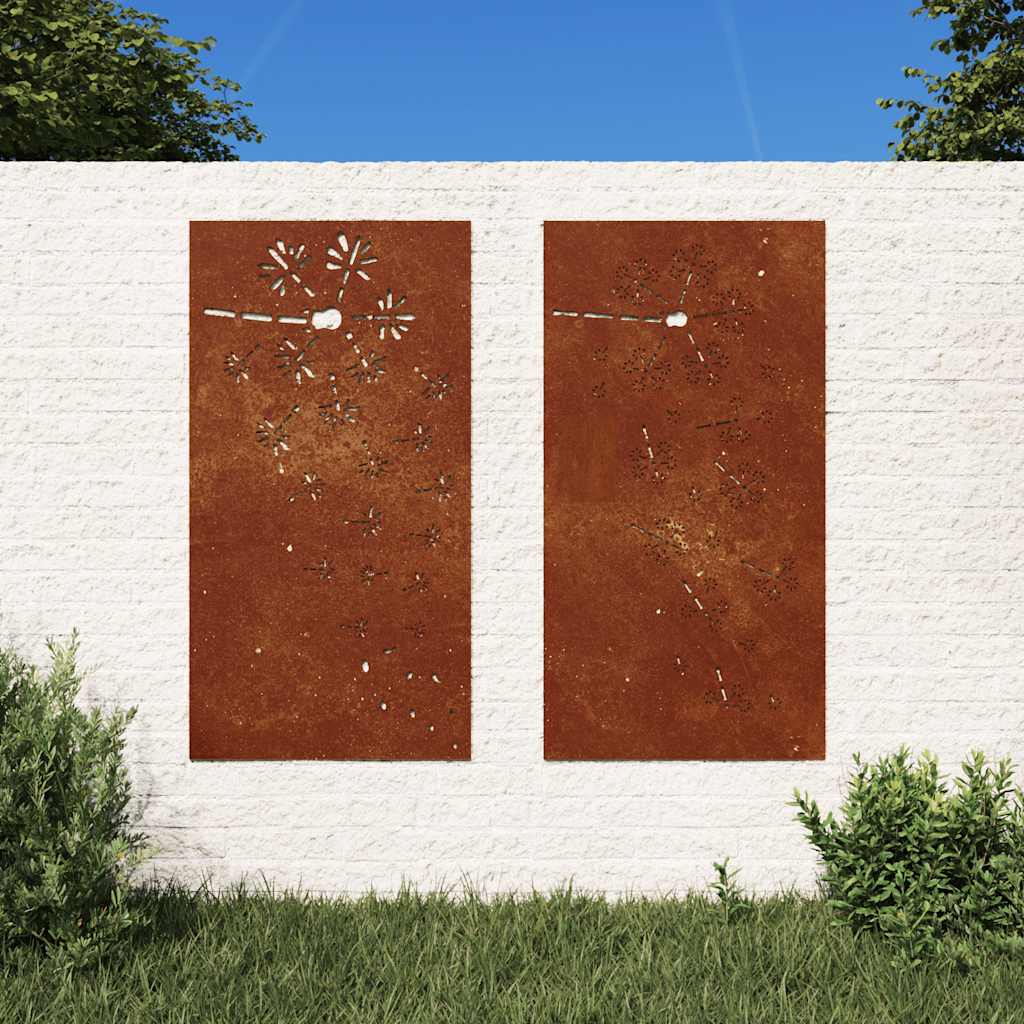 2-tlg. Garten-Wanddeko 105x55 cm Cortenstahl Blumen-Design