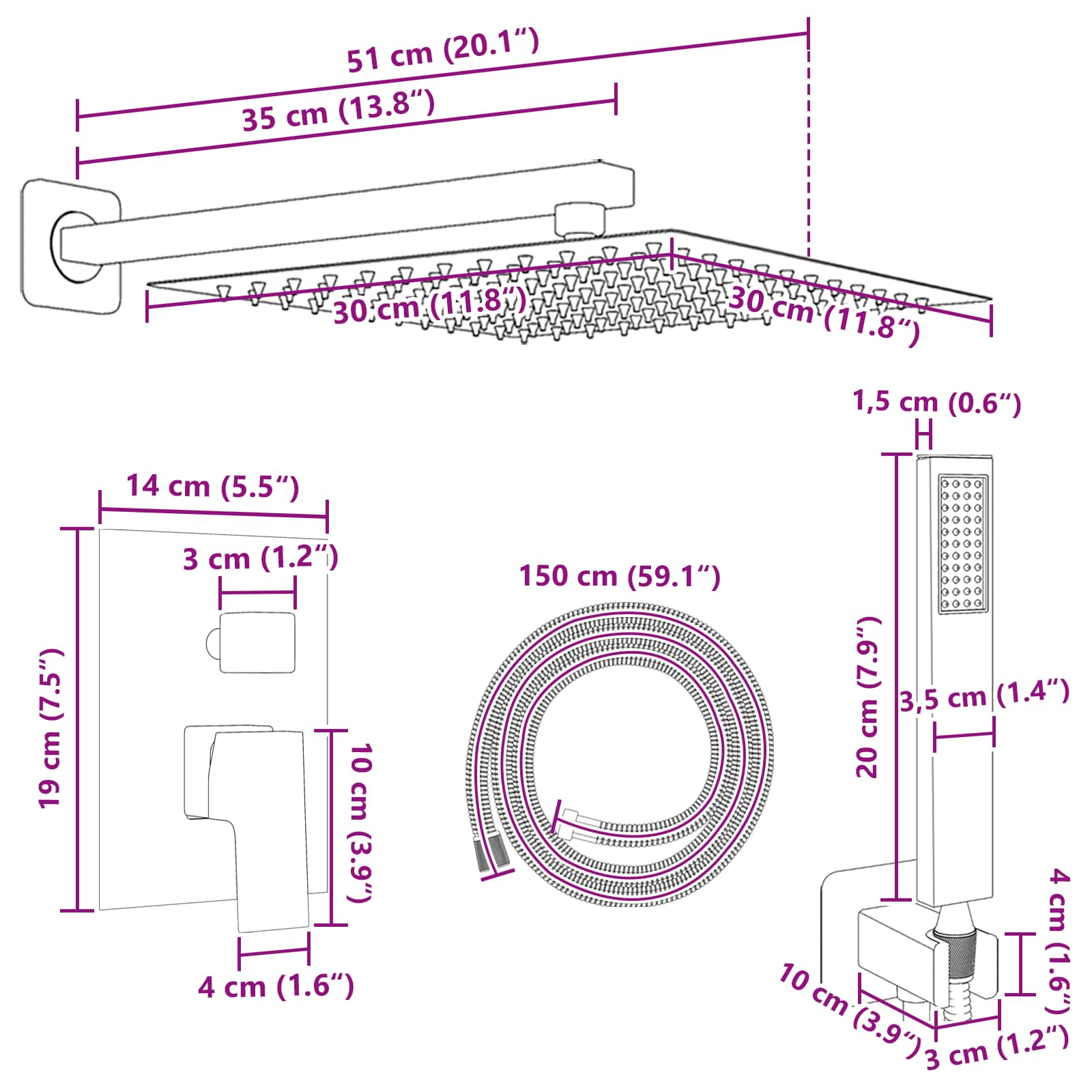 Verborgenes Duschsystem (Quadrat) Schwarz Edelstahl 201 – Bild 6