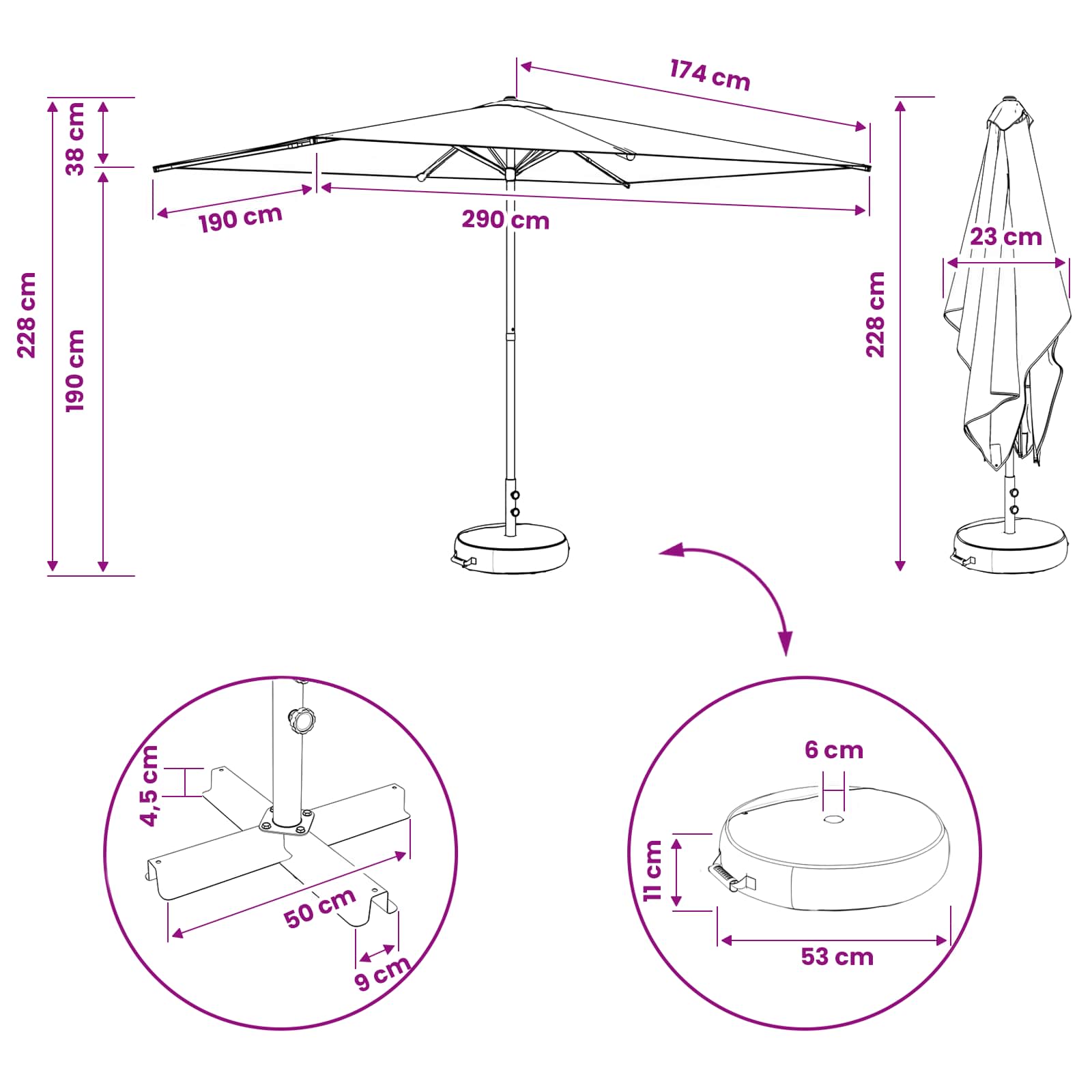 Garten-Schirm mit Fuß 200 x 300 cm Polyester Rechtwinklig Creme – Bild 8
